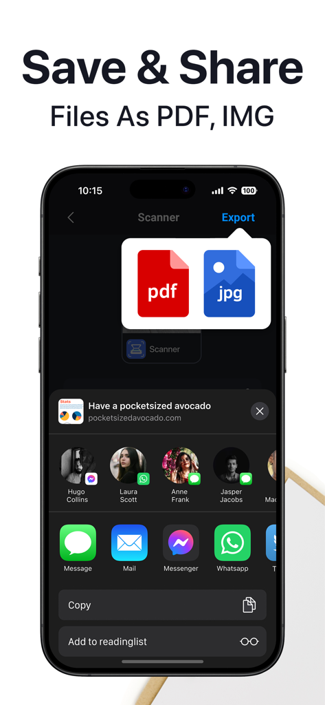 ドキュメントをPDFまたはJPGファイルとして保存および共有するためのオプションを表示するEasy Scanアプリ画面。