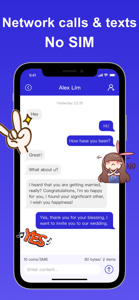 Insta Texting - Unlimited Call - Chat interface of the Insta Texting app showing a messaging screen with stickers and the text Network calls and texts No SIM