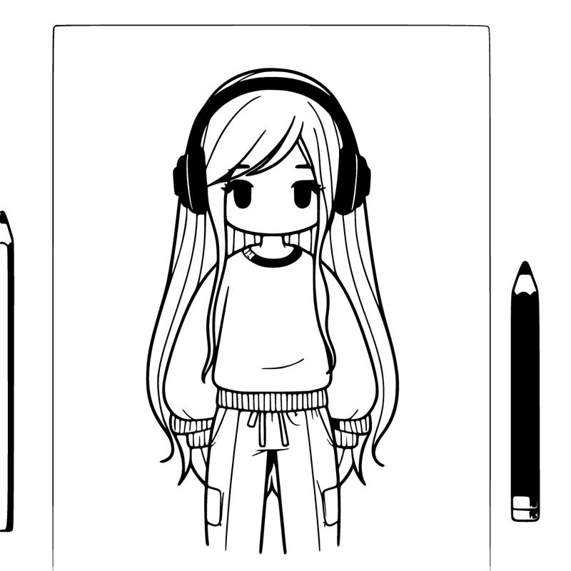 a girl with long hair and long sleeve shirt and pants with headphones