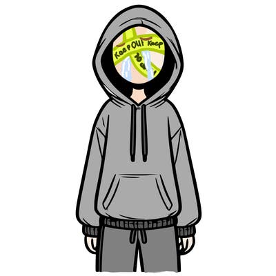 faceless girl in a tracksuit with a hood on and no hair