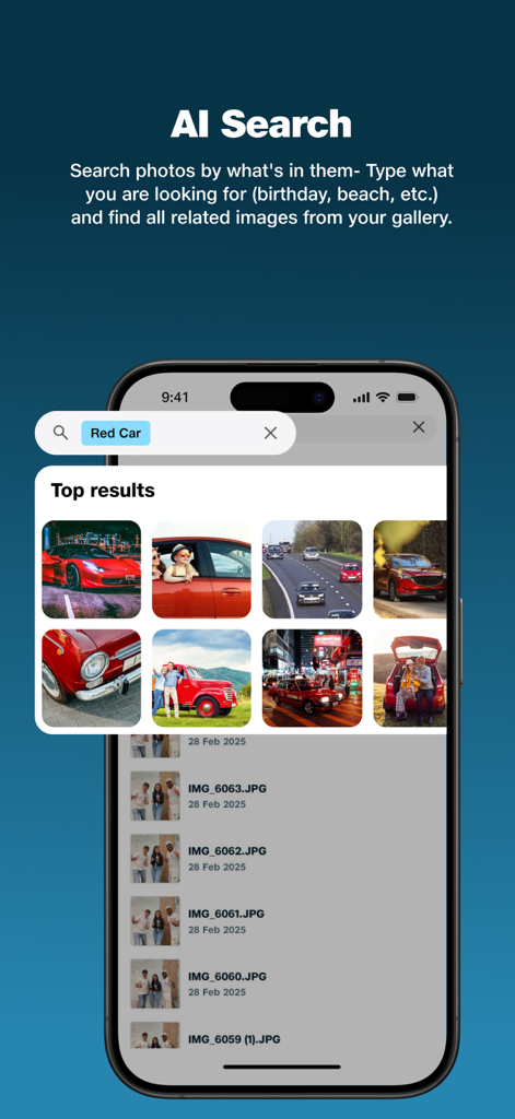 Interface de l'application JioAICloud affichant les résultats de la recherche par IA pour une requête « voiture rouge » dans une galerie de photos.