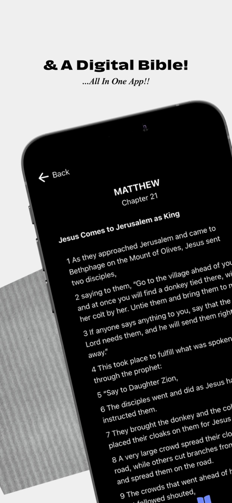PandoApp - Mobile screen of PandoApp showing the digital Bible reader with text from Matthew chapter 21