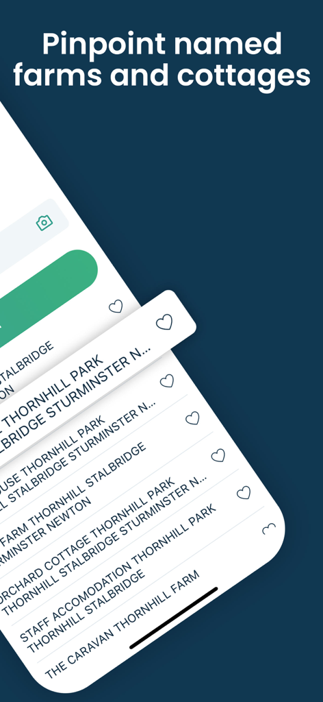 A screenshot of the DelM8 app displaying a list of named farms and cottages for precise UK navigation.