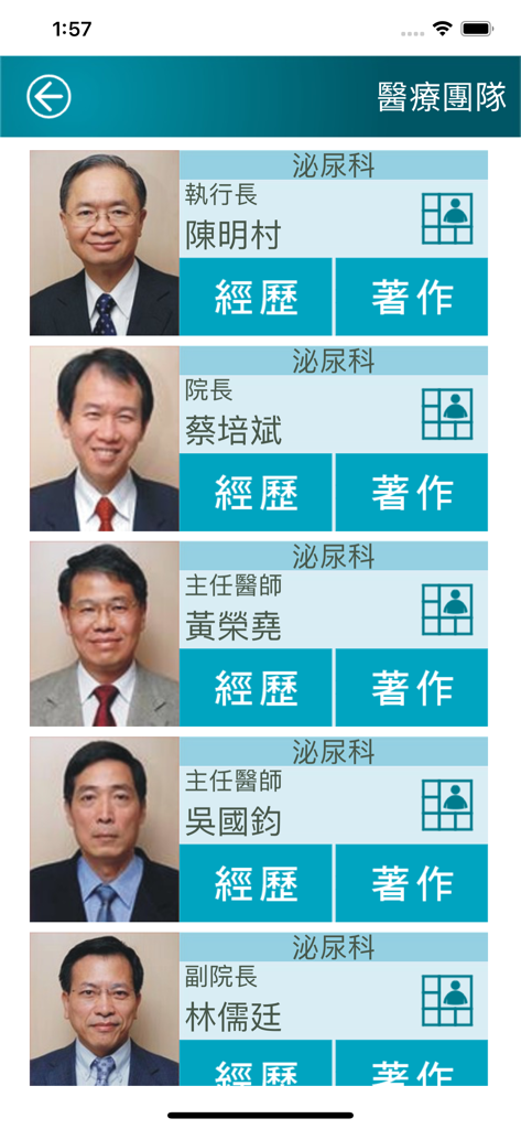 書田快易通 - Seção da equipe médica do aplicativo Shu Tien Express mostrando perfis de especialistas em urologia