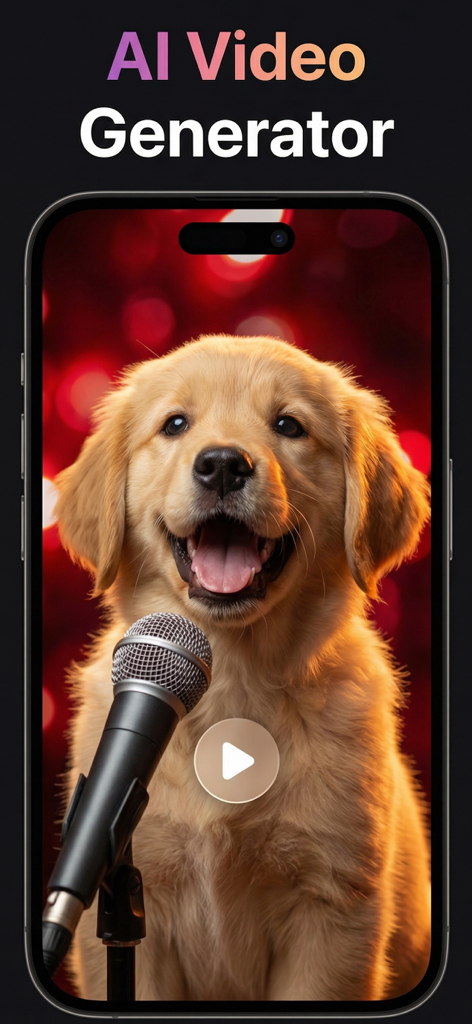 Pet Videos: Cat,Dog Translator - AI Video Generatorのテキストが付いたスマートフォンの画面でマイクに向かって歌うゴールデンレトリバーの子犬