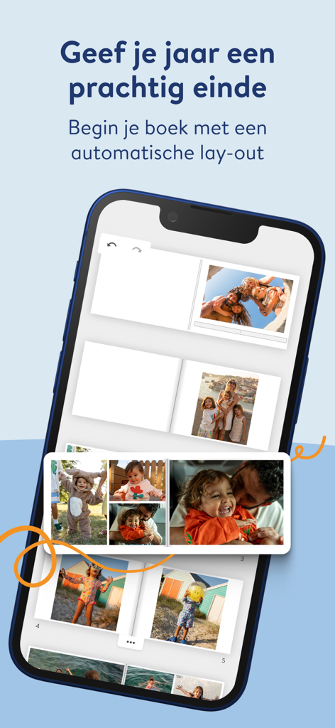 Albelli fotoboek poster prints - Smartphone screen showing the Albelli app interface for creating a family photo book using automatic layouts