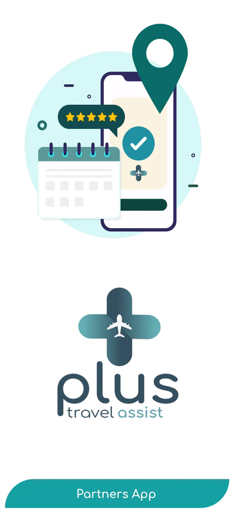 EMISIONES PLUS TRAVEL ASSIST - Logo do Plus Travel Assist e ilustração de reserva de viagens para parceiros de viagens profissionais