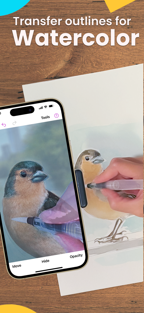 A person using an AR app to trace a bird for watercolor painting