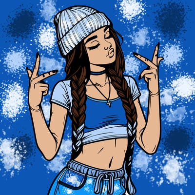 realistic teenage girl with braids and a beanie and crop top doing 🫶🏼