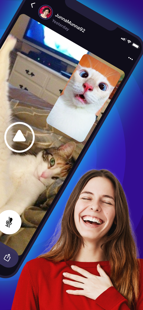 MegaLOL: Funny Videos & Memes - Una mujer riendo mientras ve un vídeo divertido de gatos en la aplicación MegaLOL.