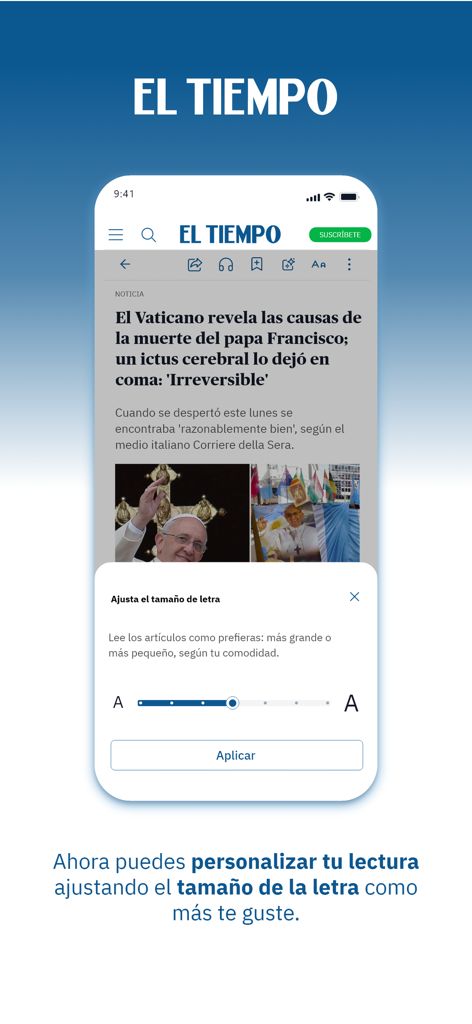 Periódico EL TIEMPO - Noticias - El Tiempo news app interface showing font size customization options for an article