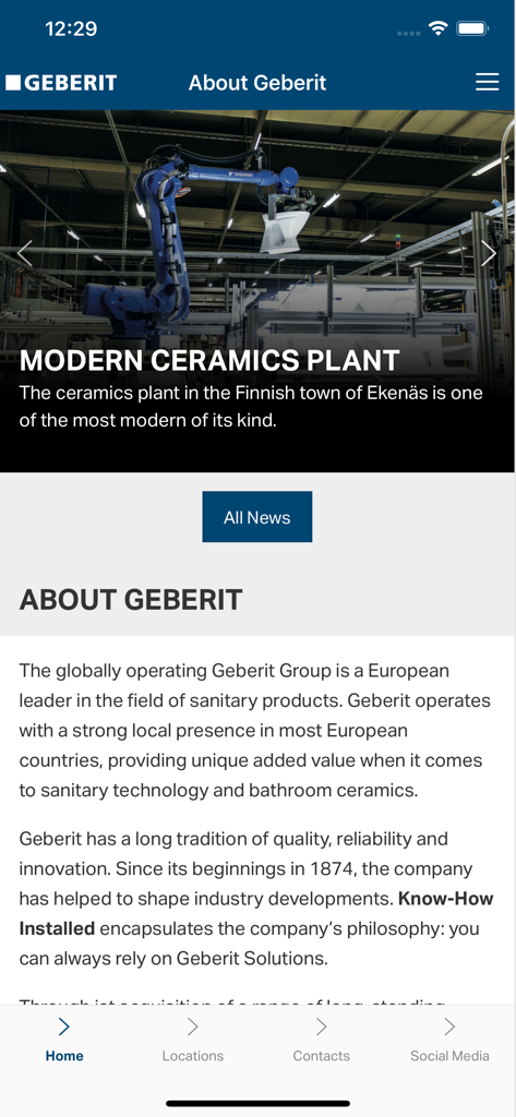 Geberit GIN - GINアプリの「Geberitについて」セクション。フィンランドの近代的なセラミック工場と会社情報が表示されます。