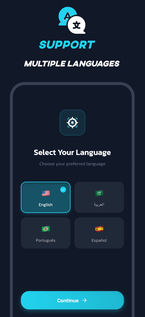 Pantalla de la aplicación móvil Sensi Elite para seleccionar el idioma preferido, como inglés o español