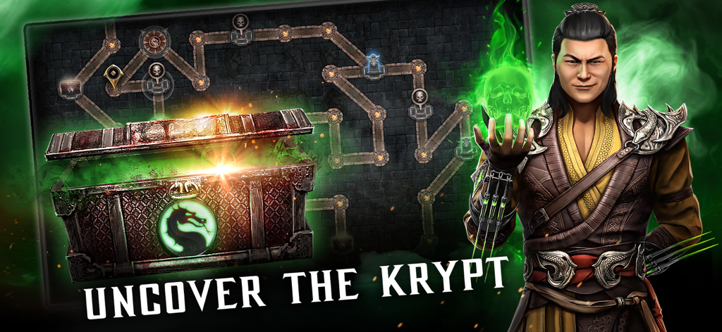 Mortal Kombat - Shang Tsung con un teschio fiammeggiante e uno scrigno del tesoro nella modalità di gioco Krypt di Mortal Kombat Mobile
