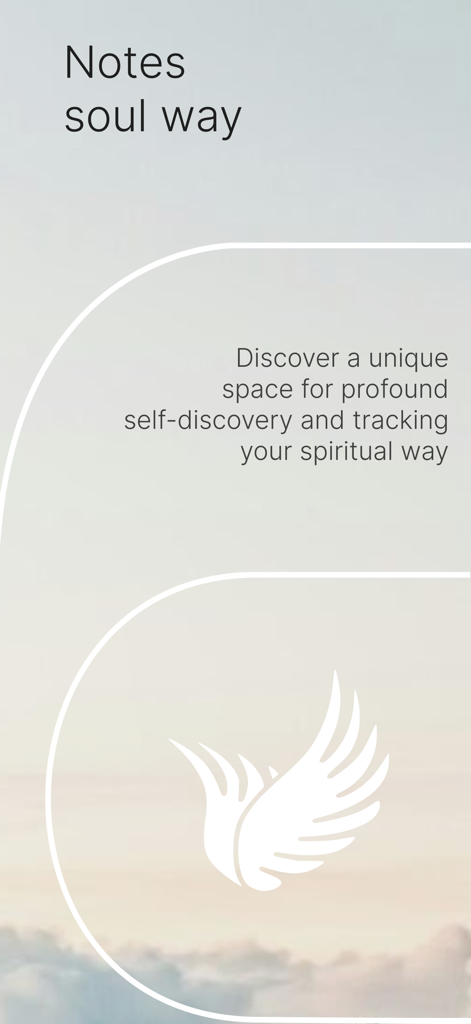 Notes soul way - Pantalla introductoria de la aplicación Notes soul way con un diseño minimalista e icono de ala espiritual sobre un fondo de nube suave.