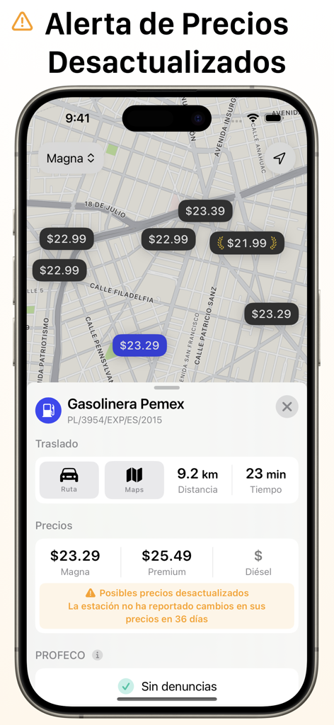 GasClub - Precios de Gasolina - GasClub app interface displaying gas station prices on a map with a warning about outdated information.