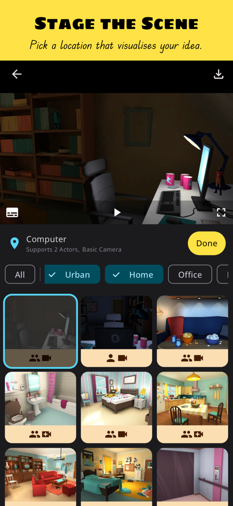 Plotagon Studio app interface showing a gallery of 3D scene locations to pick from for an animated video.