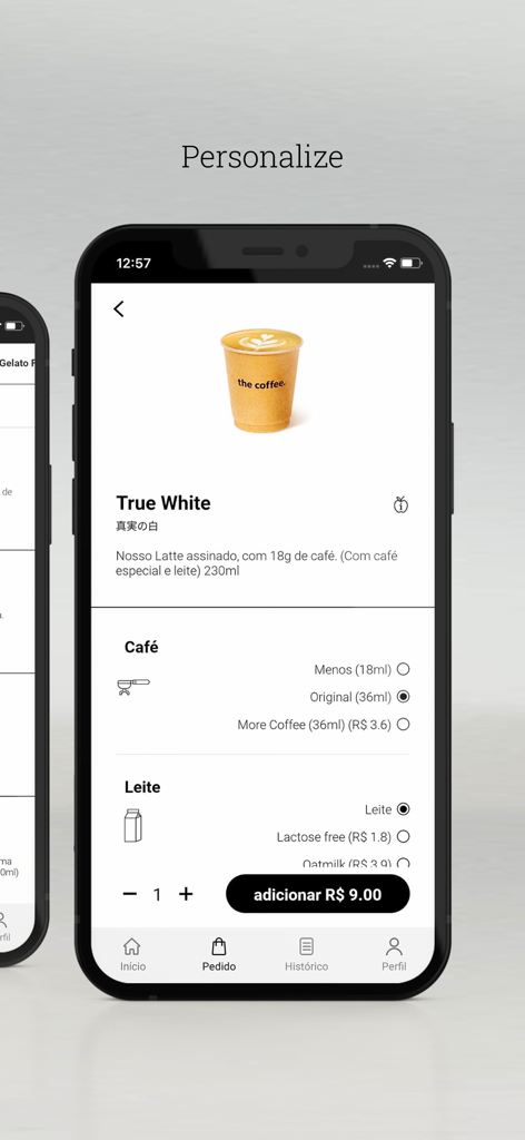 The Coffee - Interface for customizing a coffee order in The Coffee mobile app showing milk and coffee options.