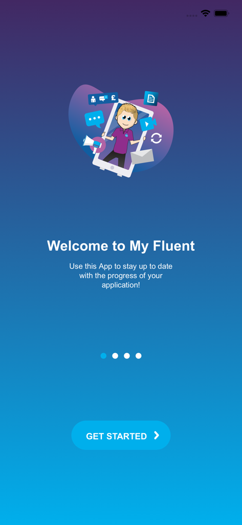 MyFluent - A welcome screen for the MyFluent app with a cartoon character and a Get Started button.