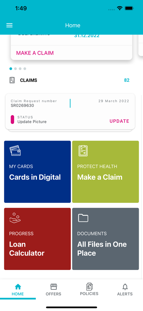 The home screen of the mySWAN app showing an insurance claim status and tiles for digital cards, making a claim, loan calculator, and documents.