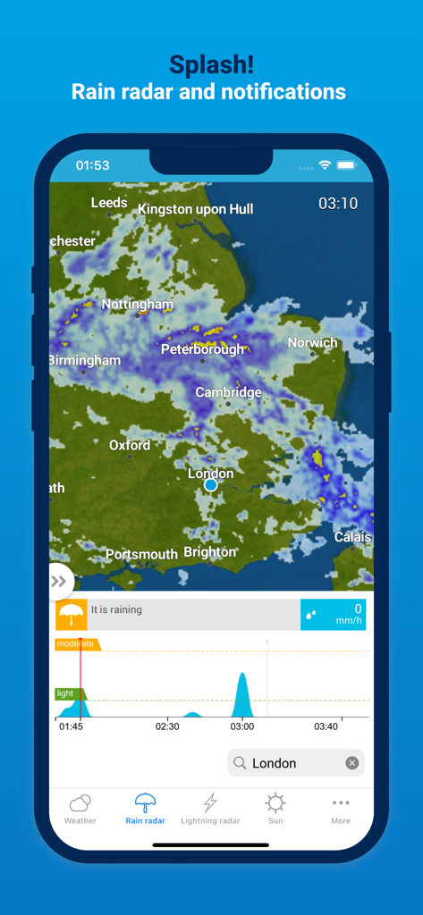 Meteox app interface showing a live rain radar map over the UK and a precipitation intensity graph.