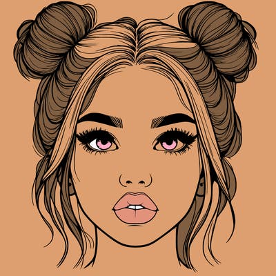 realistic girl with two buns on her hair and lips