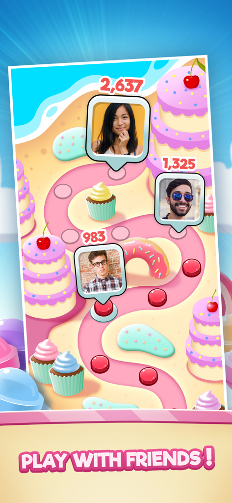 A colorful candy-themed level map in Word Sweets showing friends' progress and scores on cupcakes and cakes.