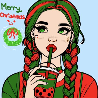 realistic girl with braided hair drinking boba