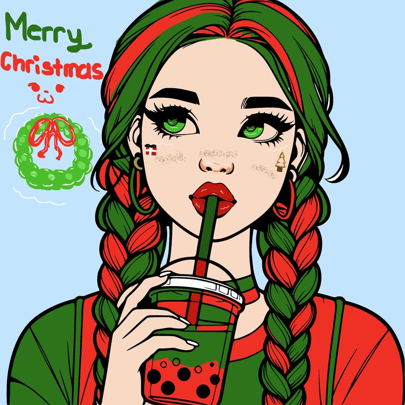 realistic girl with braided hair drinking boba
