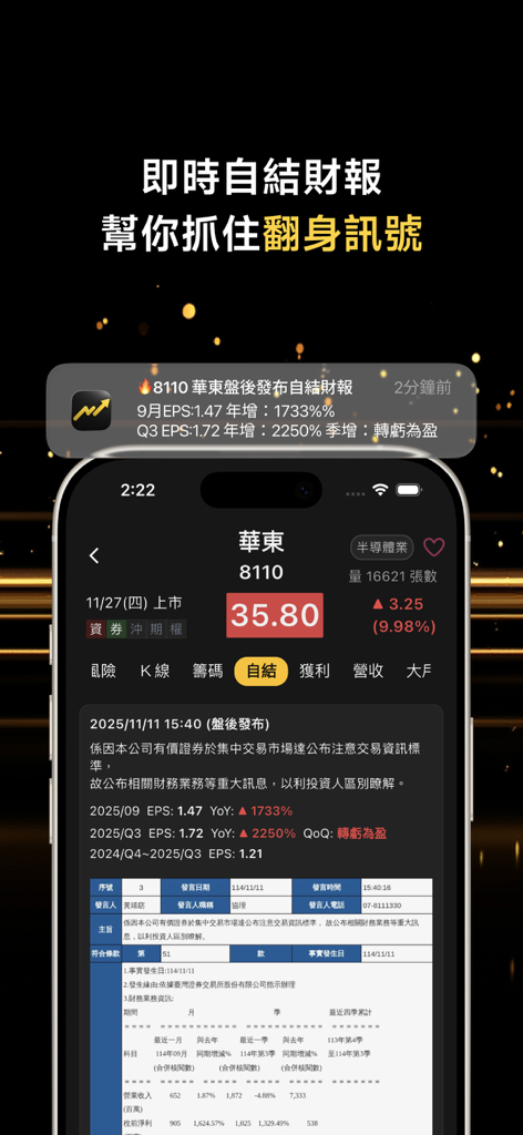 Real-time financial report notification and earnings data on the Stock Warden mobile app interface.