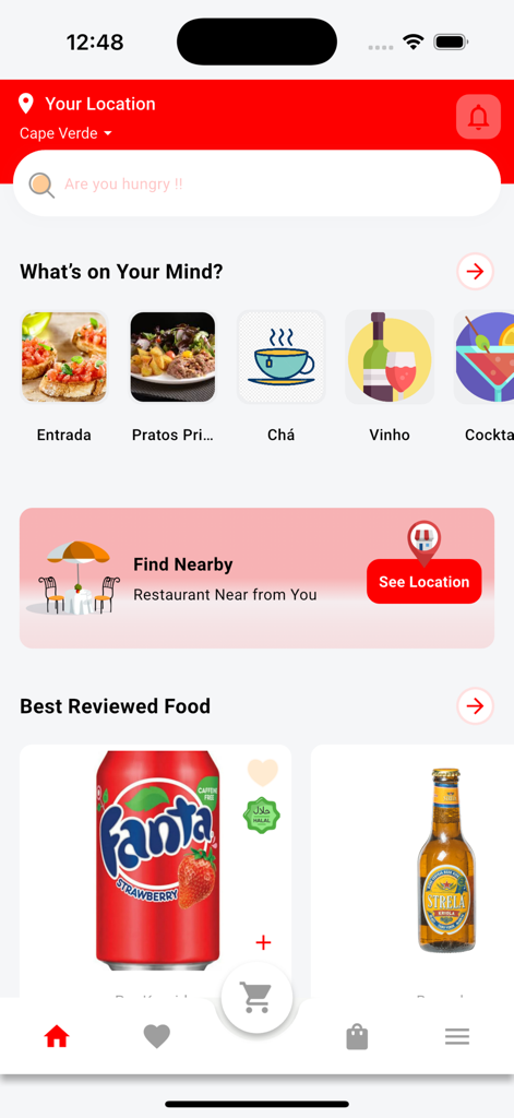 Mazoneat - 마조니트 앱 대시보드에 음식 카테고리와 최고 평점 항목이 표시됩니다.