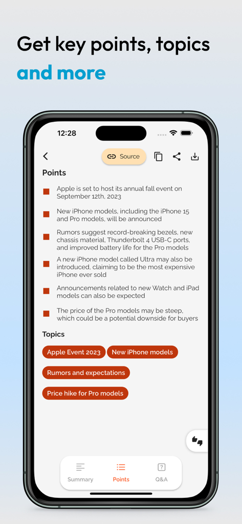 A mobile screen display showing summarized key points and topic tags within the TLDR app interface.