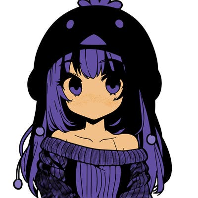 anime girl with chick shaped hat with sweater with bare shoulders with bangs covering them one eye with low tail