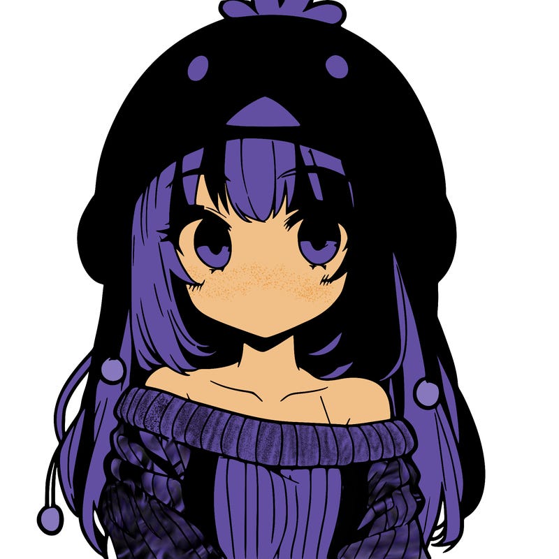 anime girl with chick shaped hat with sweater with bare shoulders with bangs covering them one eye with low tail