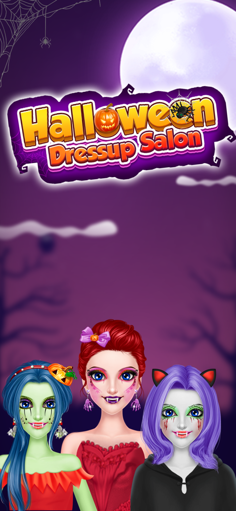 Halloween Makeover Salon Games - Three girls with spooky Halloween makeup and costumes in a purple graveyard setting