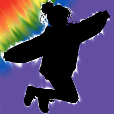 realistic girl jumping with a bun and oversized sweatshirt