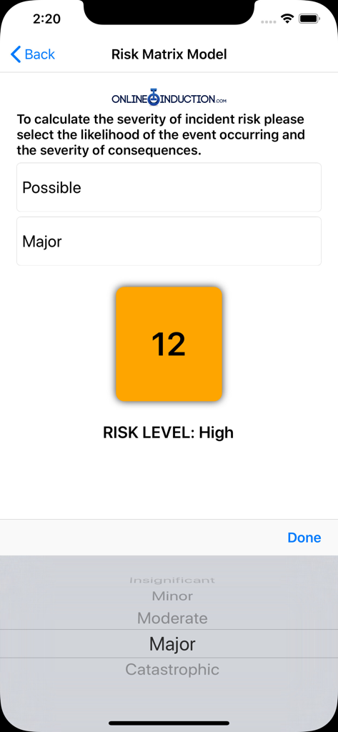 Induction - Induction app risk matrix screen showing a high risk level calculation for incident safety compliance