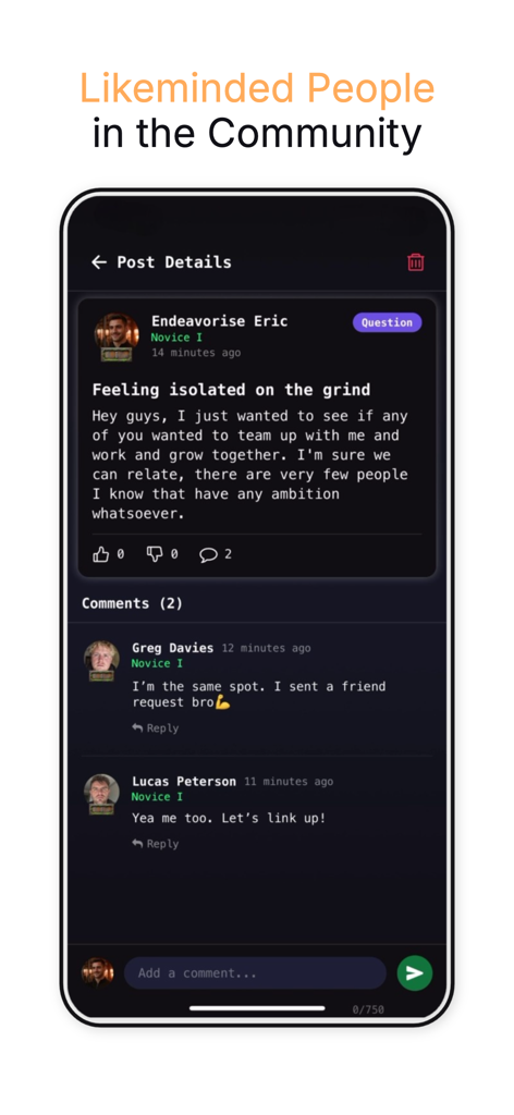 A screenshot of the Endeavorise app showing a community discussion where users connect and support each other on their personal growth journeys.