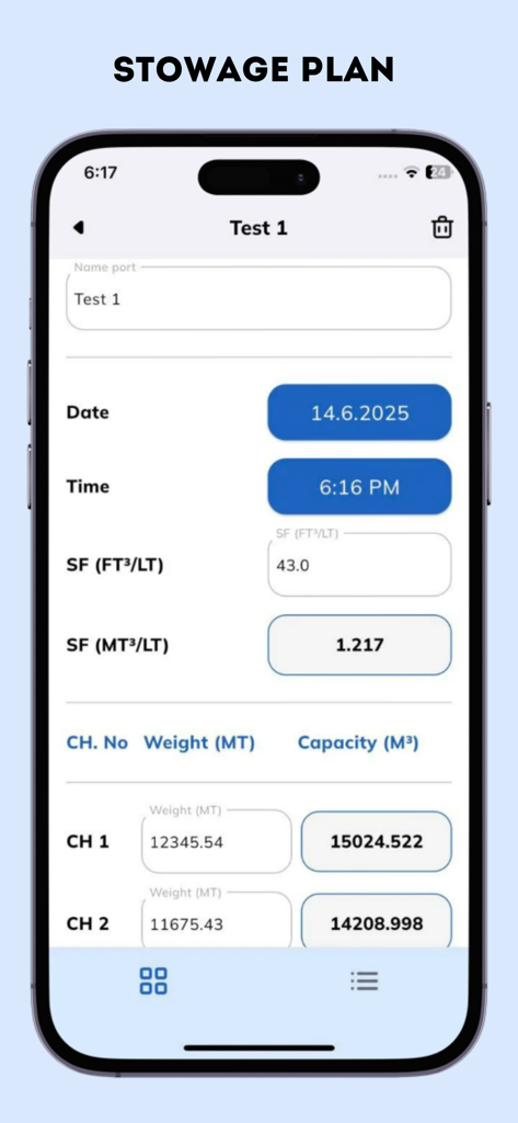 Bridge Calc: Draft & Ballast - Smartphone screen displaying the stowage plan module of the Bridge Calc app for maritime cargo calculations