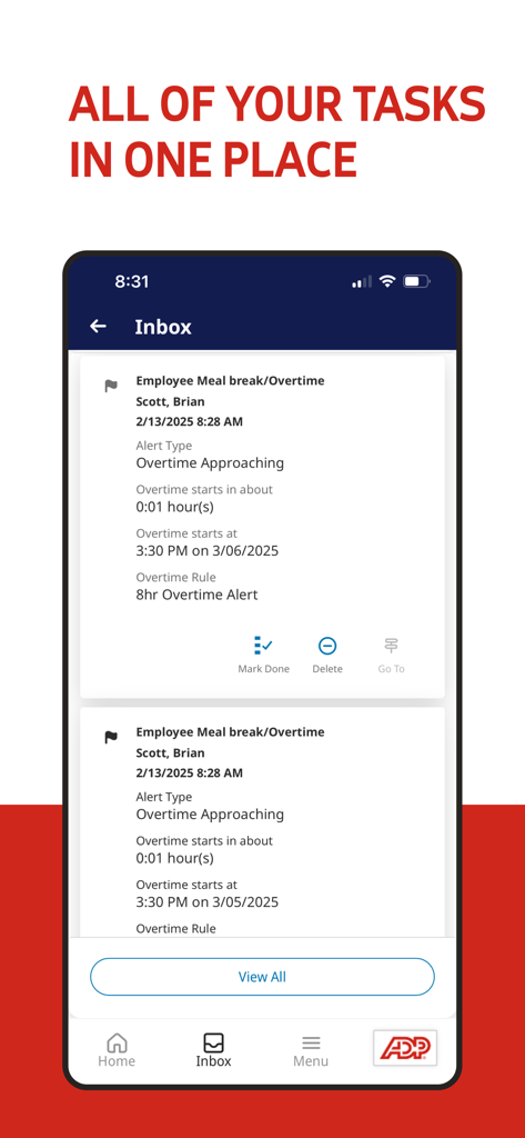 ADP My Work - ADP My Work mobile app inbox screen showing manager alerts for employee overtime and meal breaks.