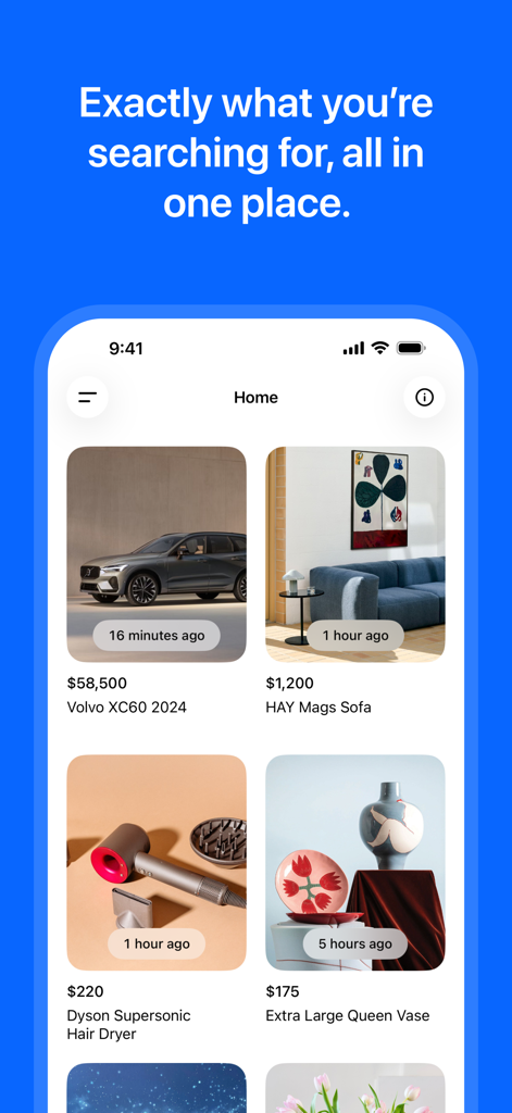 Pantalla de inicio de la aplicación Scout para Facebook Marketplace mostrando listas de productos curadas como un coche Volvo y un sofá HAY con alertas de tiempo desde la publicación