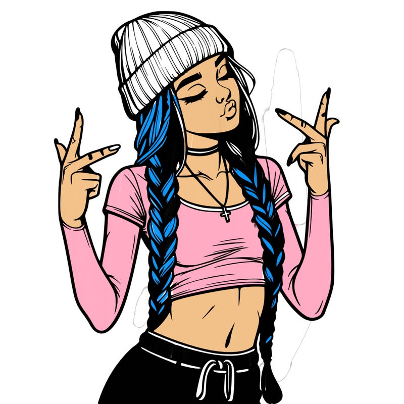 realistic teenage girl with braids and a beanie and crop top doing 🫶🏼