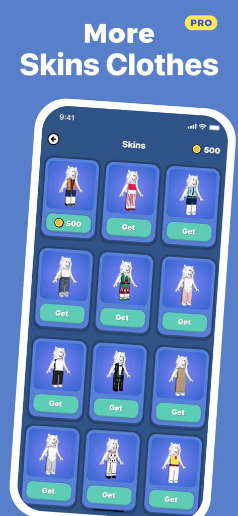 Auto Clicker – Fast Tap - Uma tela de aplicativo mobile exibindo uma biblioteca de skins e roupas de personagens com um botão Obter abaixo de cada opção