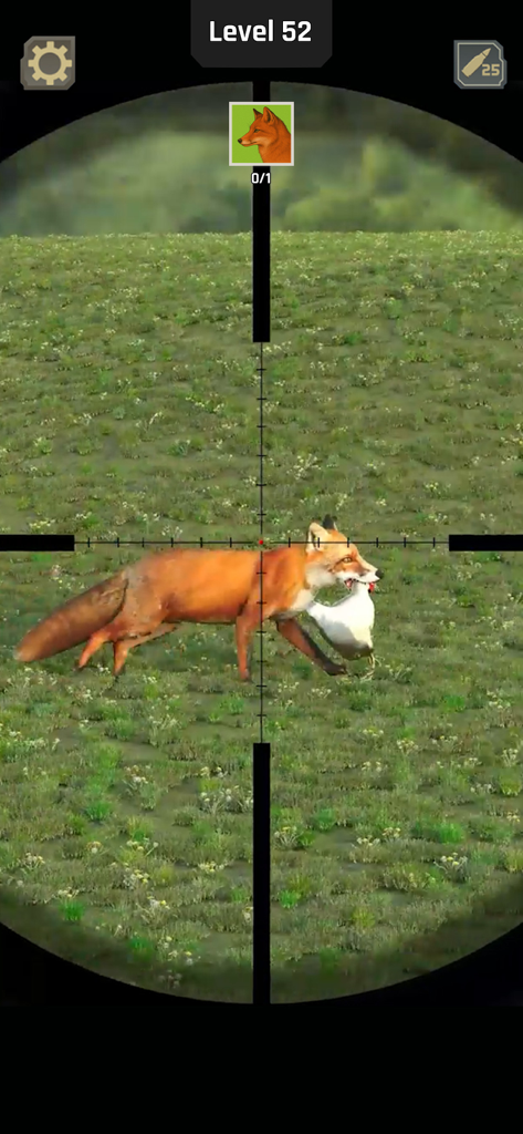 First person sniper scope view of a red fox carrying a chicken across a grassy field