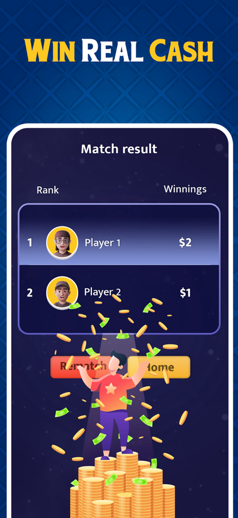 Ludo - 2 Player Games - Ludo game match result screen showing player rankings and real cash prizes.