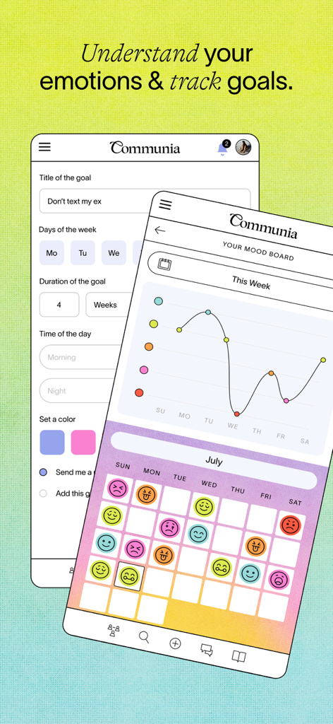 Écrans de l'application Communia pour suivre les émotions et fixer des objectifs personnels.