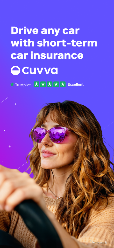 A woman driving a car featuring Cuvva short term car insurance promotional text