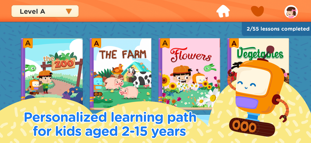 English Games For Kids - Personalized learning path screen in the English Games For Kids app featuring educational lessons about animals and nature