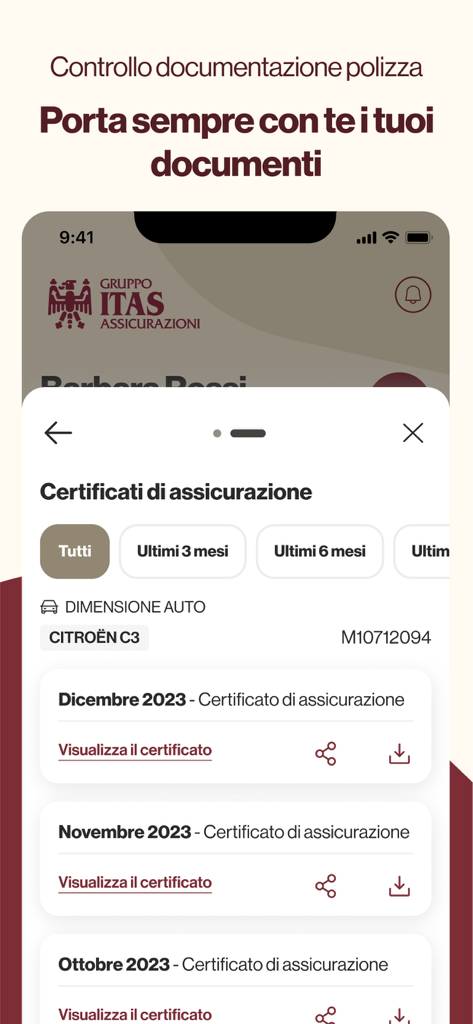 ITAS assicurazioni - Interfaccia dell'app ITAS Assicurazioni che mostra certificati assicurativi digitali per un'auto