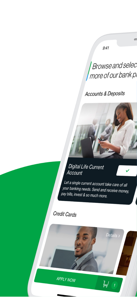 SC Mobile Uganda - Tela móvel mostrando conta corrente digital e opções de cartão de crédito no aplicativo SC Mobile Uganda